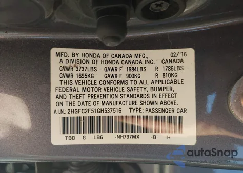 2016 Honda Civic Lx из США, поврежденный, VIN 2HGFC2F51GH537516